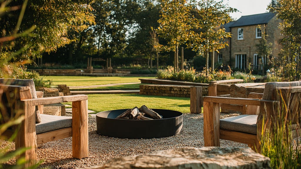 kompaktan fire pit kutak u dvorištu s metalnim ložištem i drvenim foteljama
