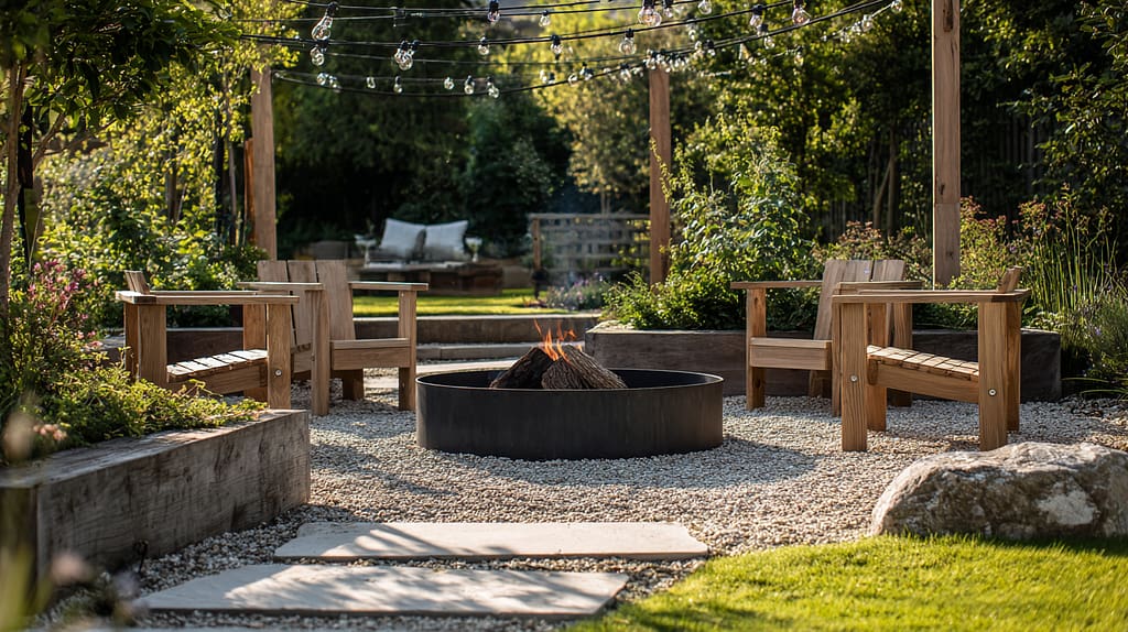fire pit zona u dvorištu s prostorom za sjedenje oko ognjišta i vatre. vanjski prostori po mjeri